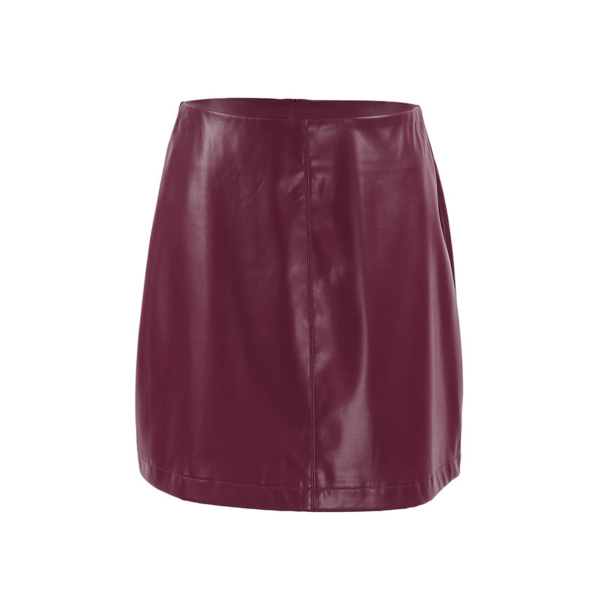 Classic Wine Red Fleece lined Matte Leather High Waist Fall Winter Skirt
