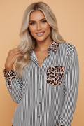 Stripe Leopard Patchwork Long Sleeve Buttoned Shirt