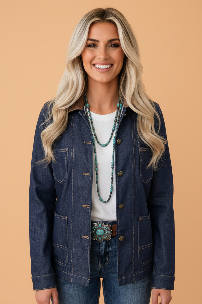Faux Leather Collar Buttoned Denim Jacket