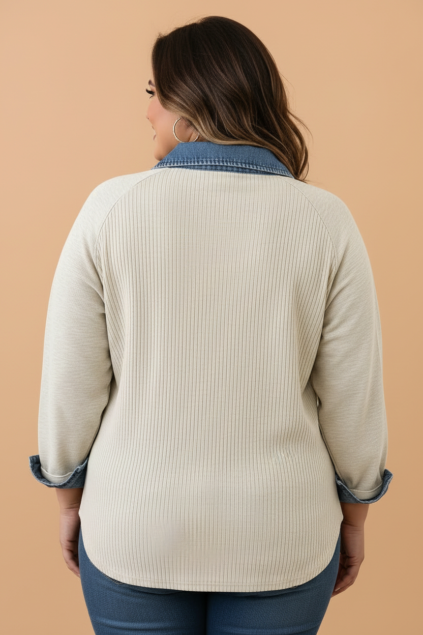 Plus Size Denim Patchwork Collared Ribbed Knit shirt