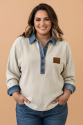 Plus Size Denim Patchwork Collared Ribbed Knit shirt