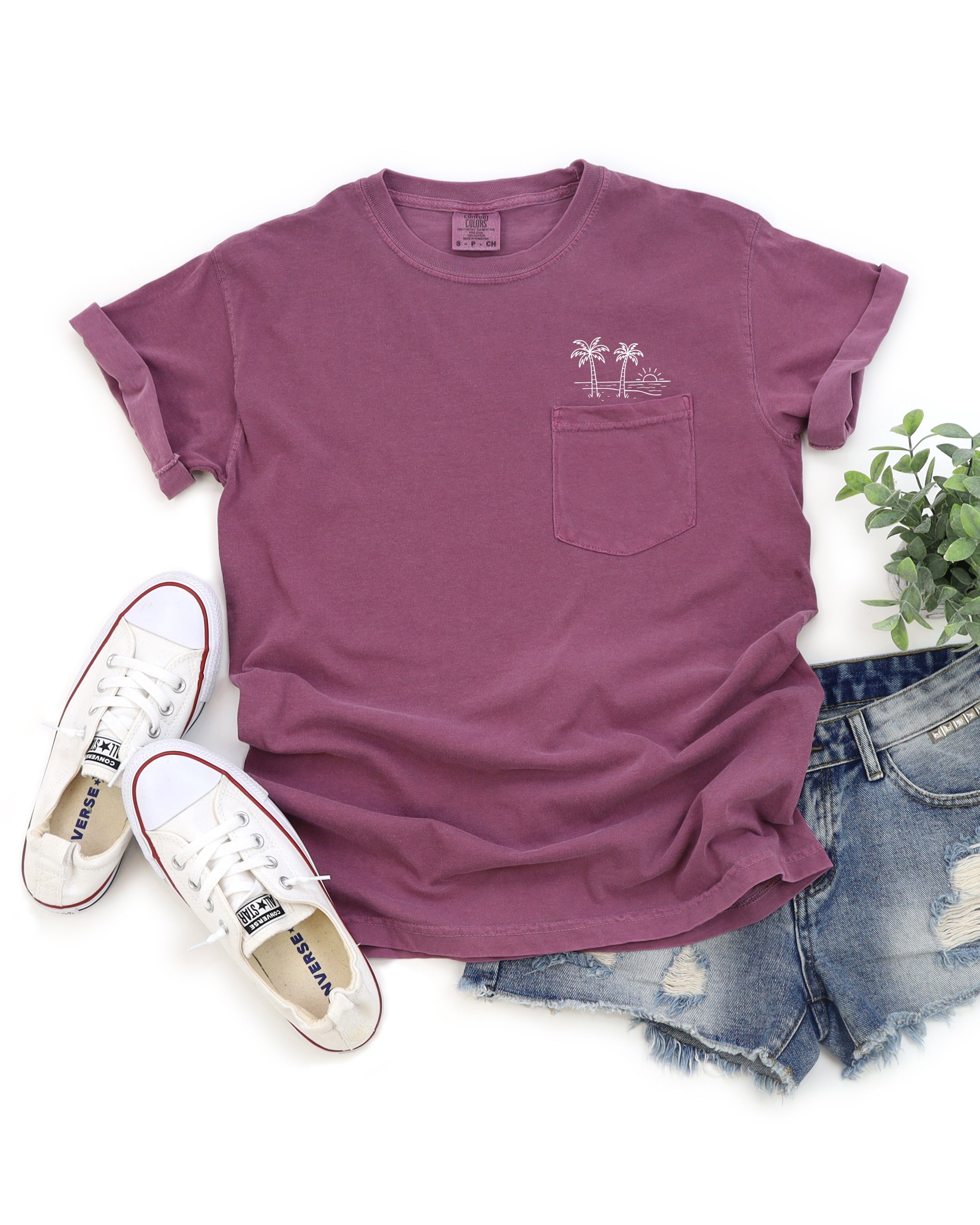 Palm Tree & Beach Comfort Colors Pocket T-Shirt