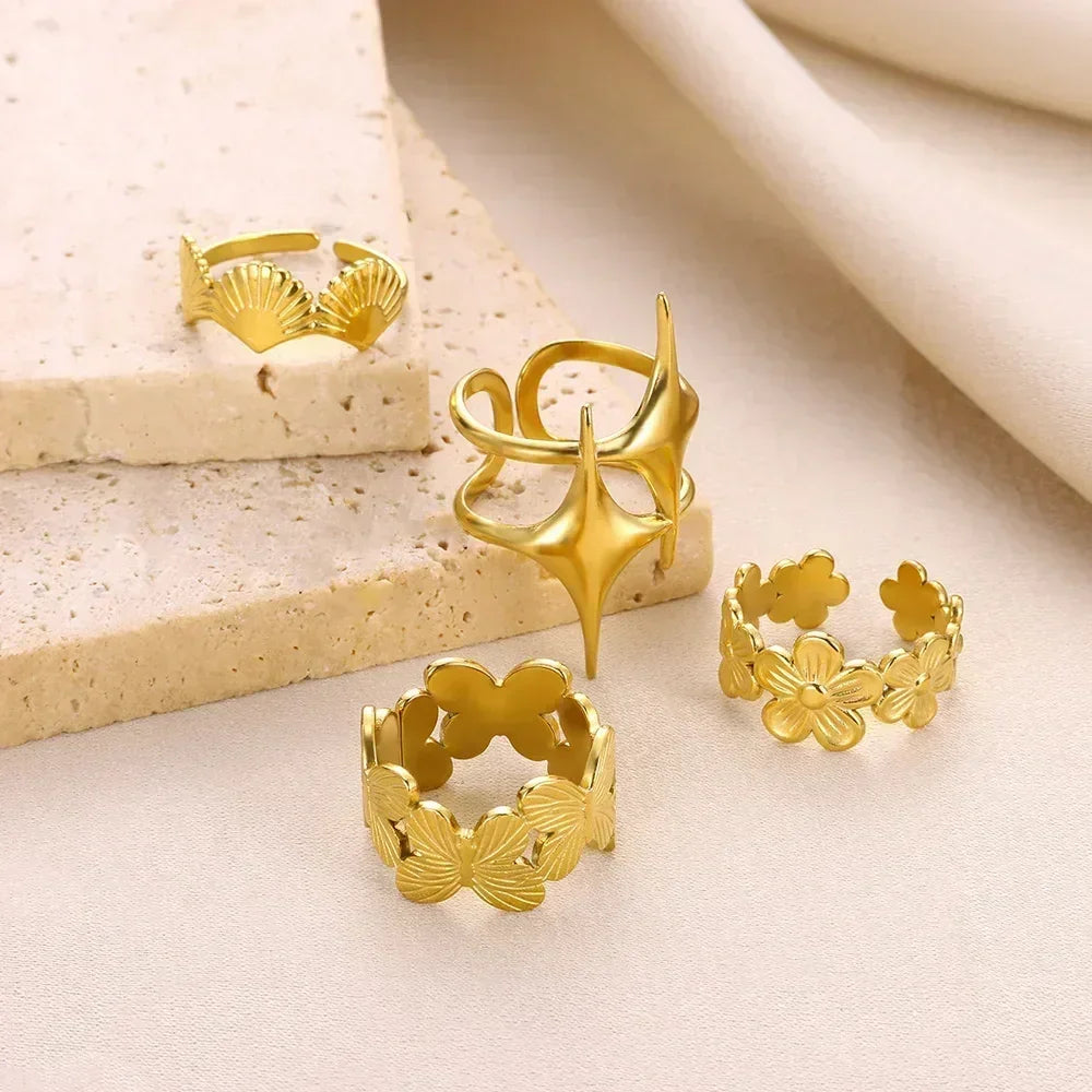 Stainless Steel Flower Open Rings For Women