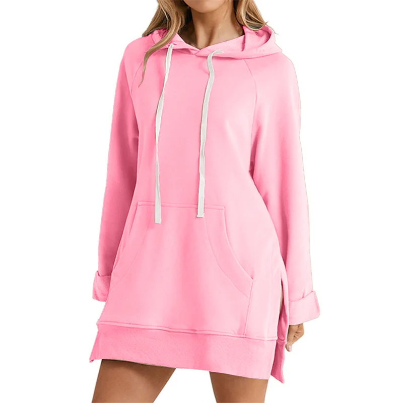 Women's Hoodie Dress Slit Hem Drawstring Loose