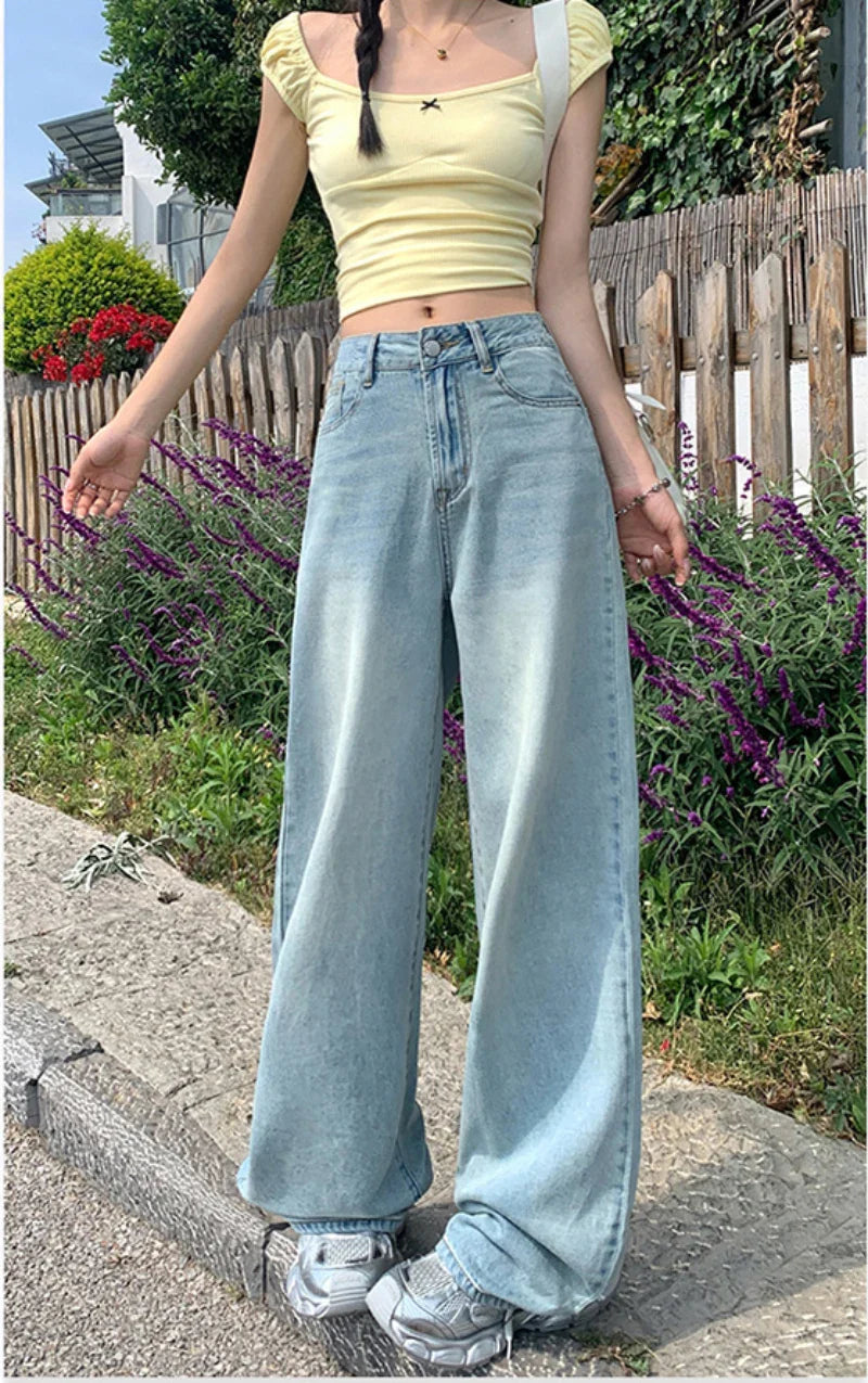 Women's Loose Denim Pants Retro Straight Leg Pants Fashionable Solid Color Loose Casual Wide Leg Pants