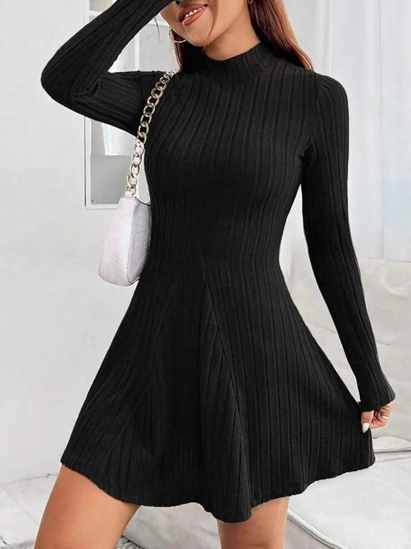 Women's slim fit half high collar A-line Dress