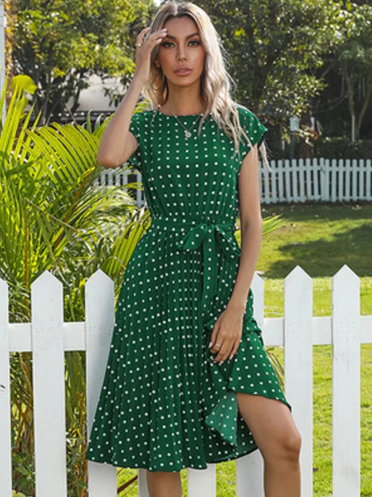 Polka Dots Sleeveless Pleated Dresses for Women