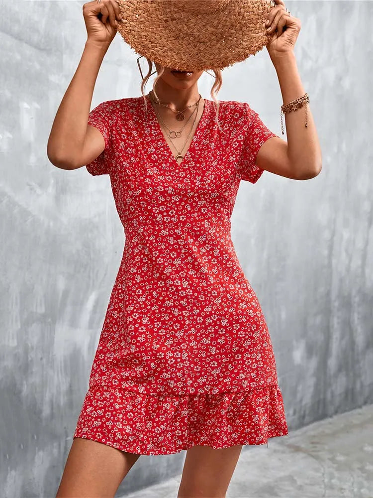 Women's V Neck Print Floral Party Dress