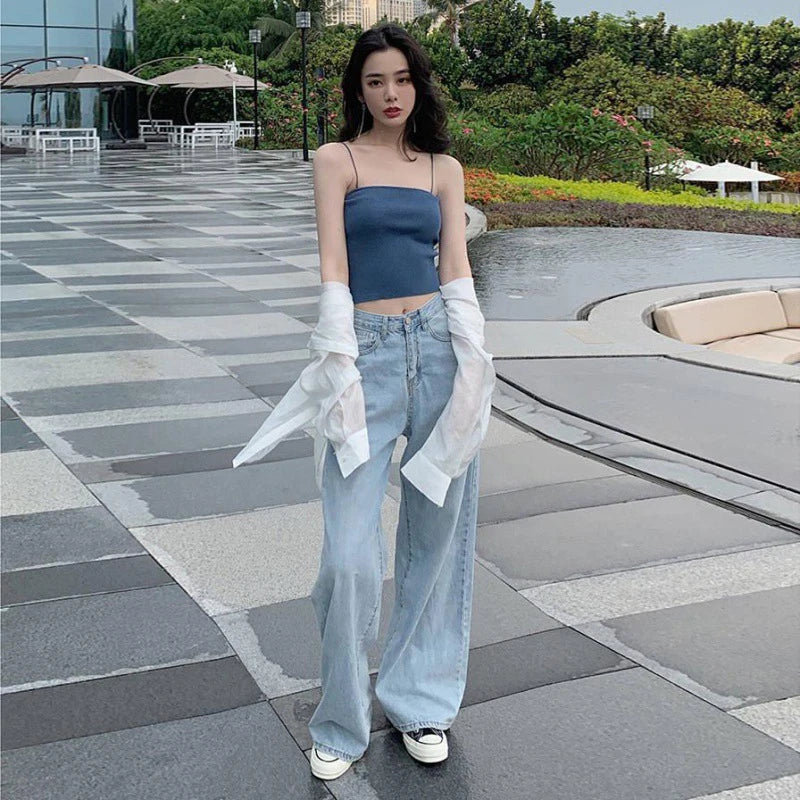 Women's Loose Denim Pants Retro Straight Leg Pants Fashionable Solid Color Loose Casual Wide Leg Pants