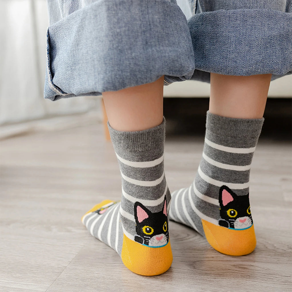 5 Pairs of Women's Crew Socks, Cat Patterns