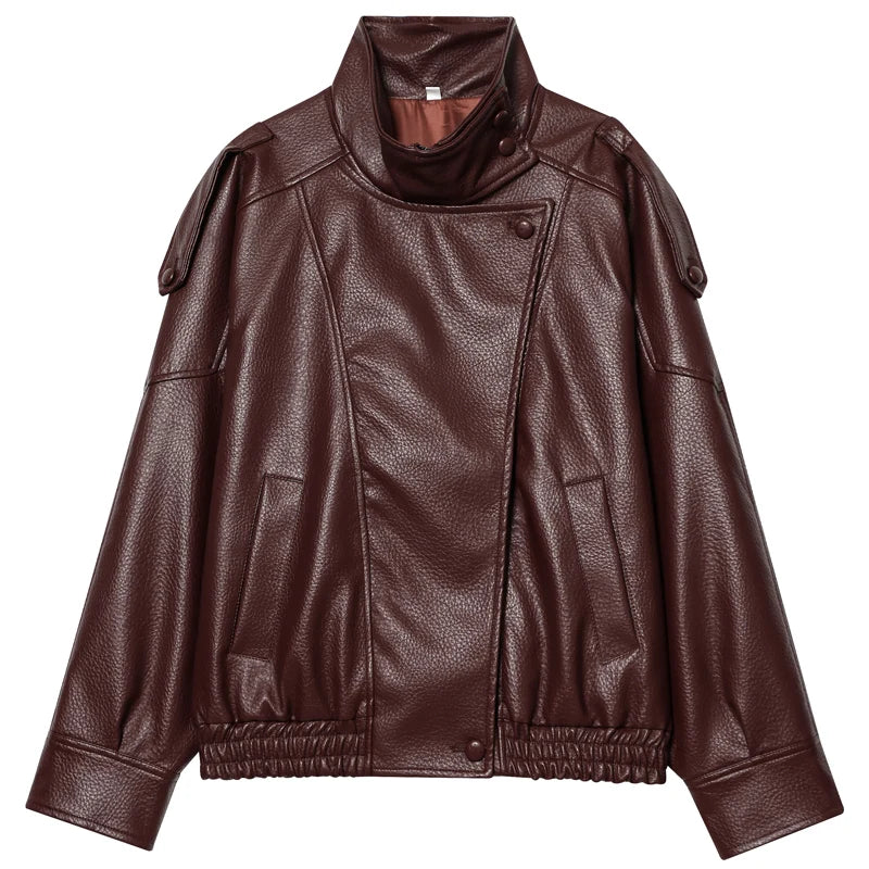 Leather Black Jackets for Woman Cropped Oversize Bomber Jacket Zip-Up Long Sleeve Coats Motorcycle Jackets