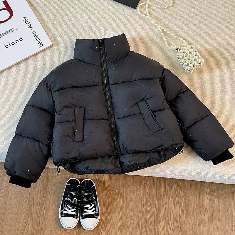 Girls Rhinestone Puffer Jacket Star-Studded Fashion Coat Glitter Zip-Up Quilted Down Jacket