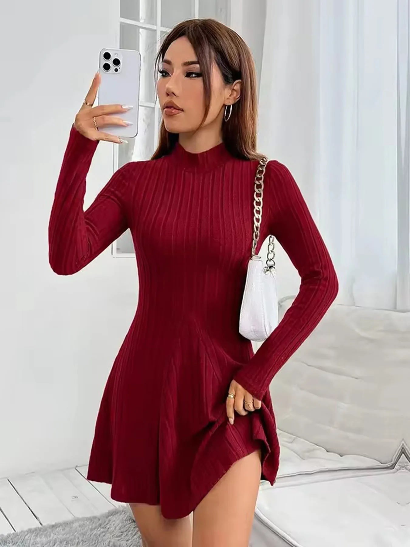 Women's slim fit half high collar A-line Dress