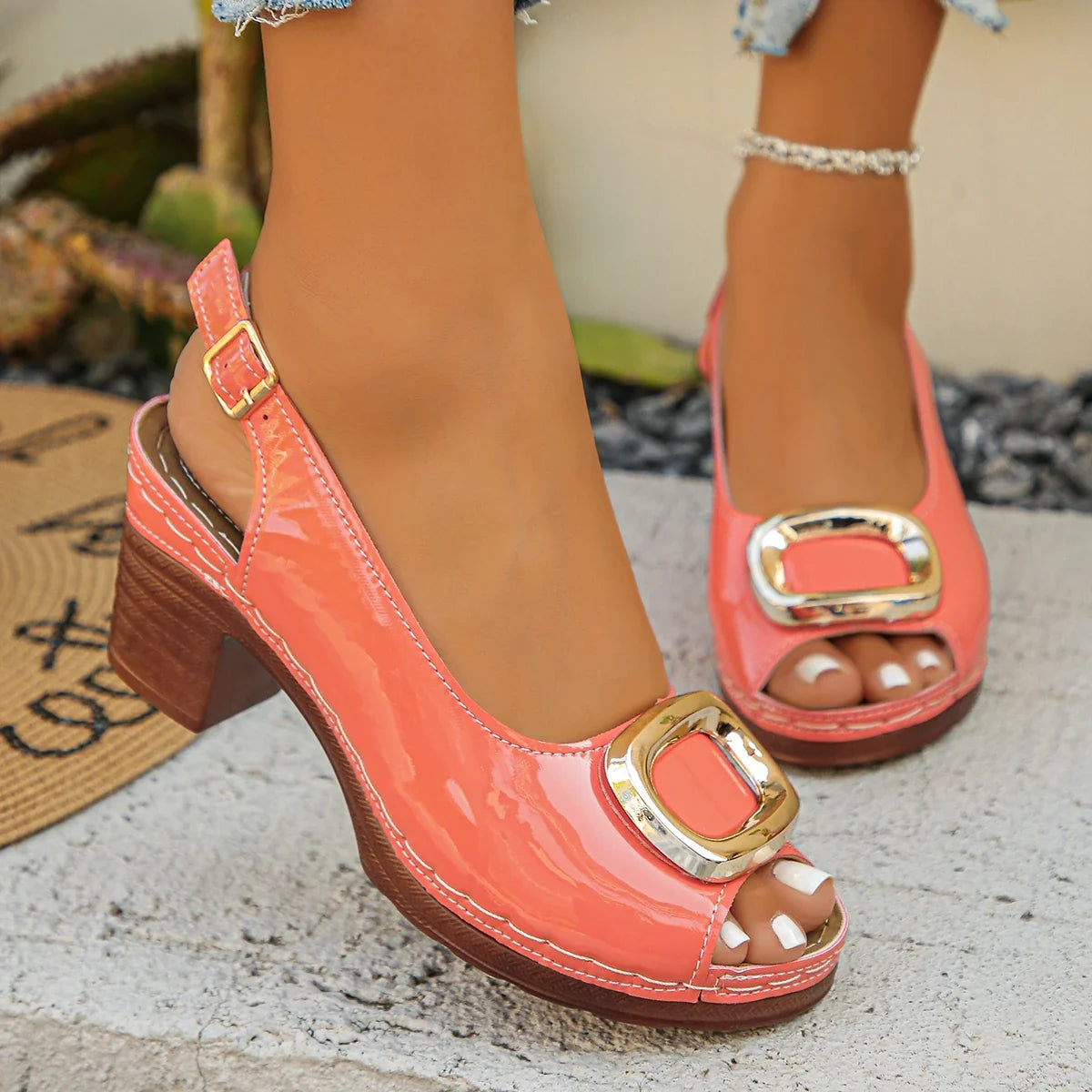 Patent Leather Thick High Heeled Sandals Women