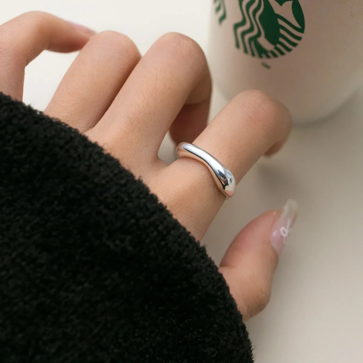 925 Sterling Silver Geometry Arc-Shaped Open Rings For Women