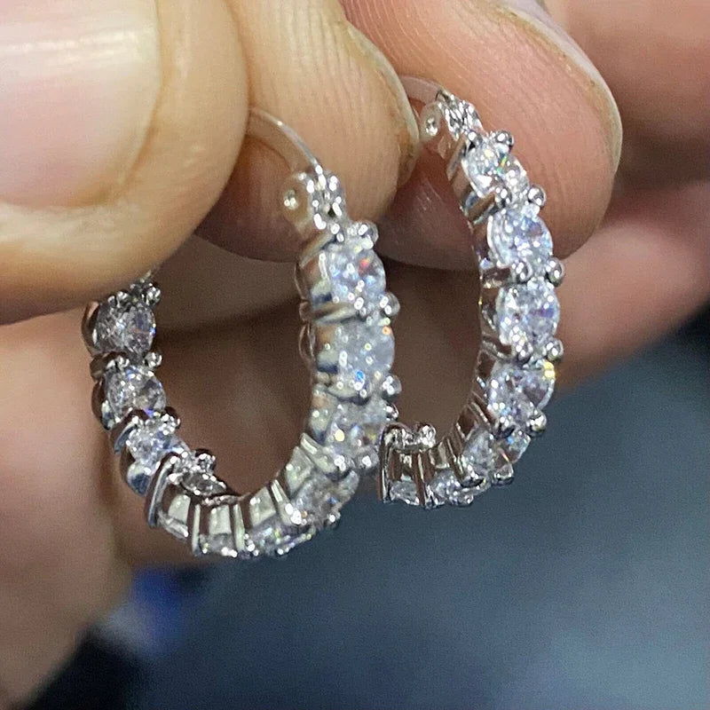 Women's Hoop Earrings Silver Color Cubic Zirconia