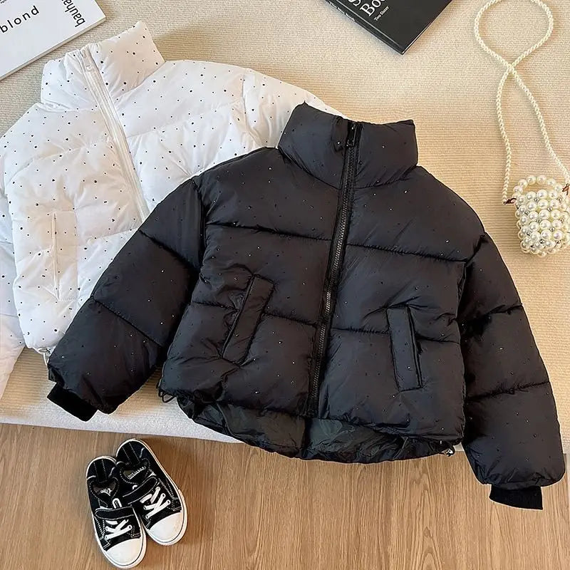 Girls Rhinestone Puffer Jacket Star-Studded Fashion Coat Glitter Zip-Up Quilted Down Jacket