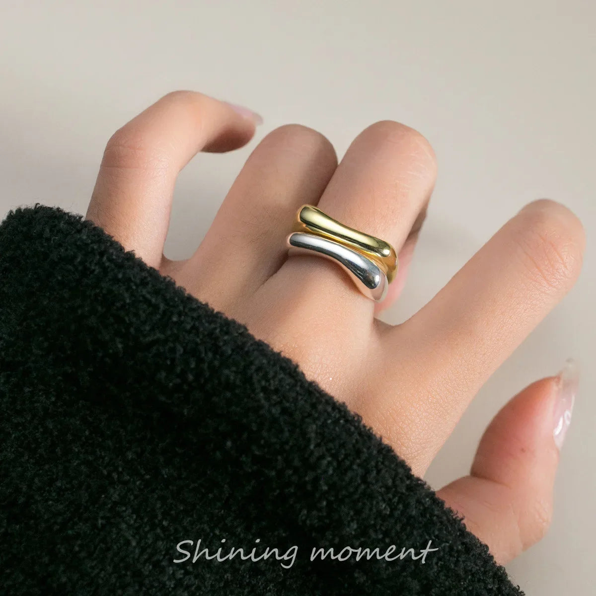 925 Sterling Silver Geometry Arc-Shaped Open Rings For Women