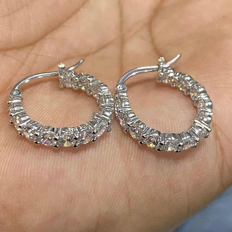 Women's Hoop Earrings Silver Color Cubic Zirconia