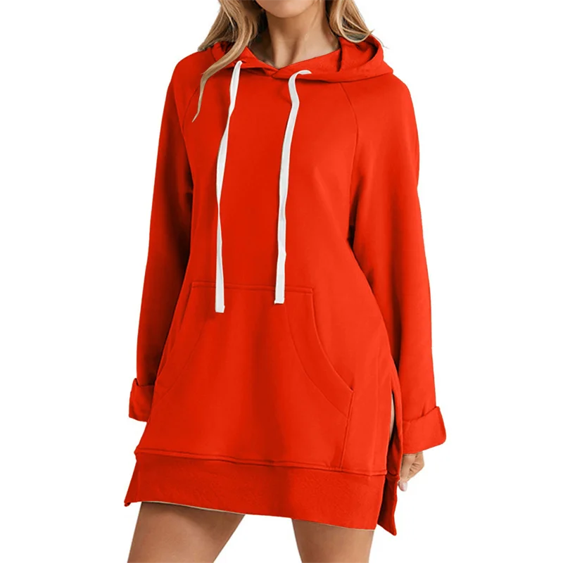 Women's Hoodie Dress Slit Hem Drawstring Loose