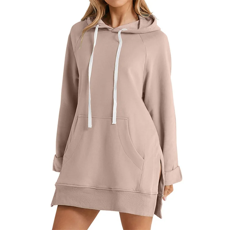 Women's Hoodie Dress Slit Hem Drawstring Loose