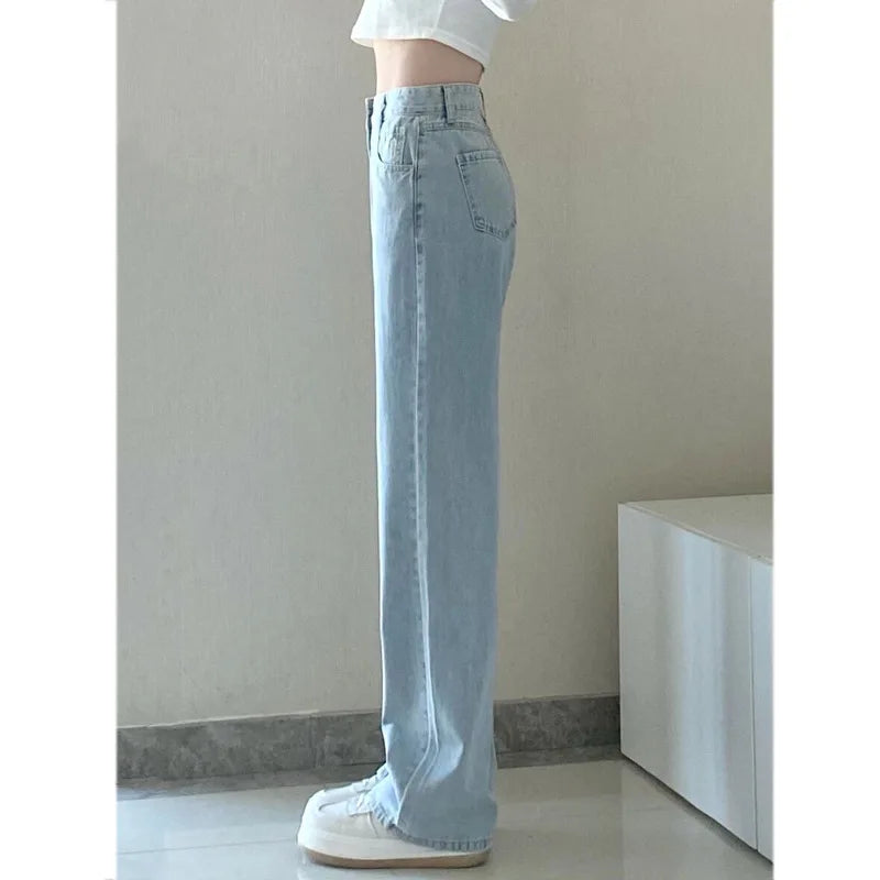 Women's Loose Denim Pants Retro Straight Leg Pants Fashionable Solid Color Loose Casual Wide Leg Pants