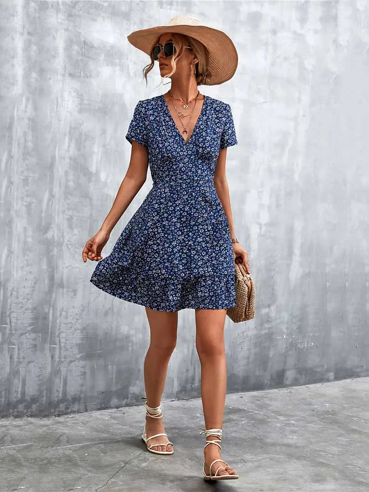 Women's V Neck Print Floral Party Dress