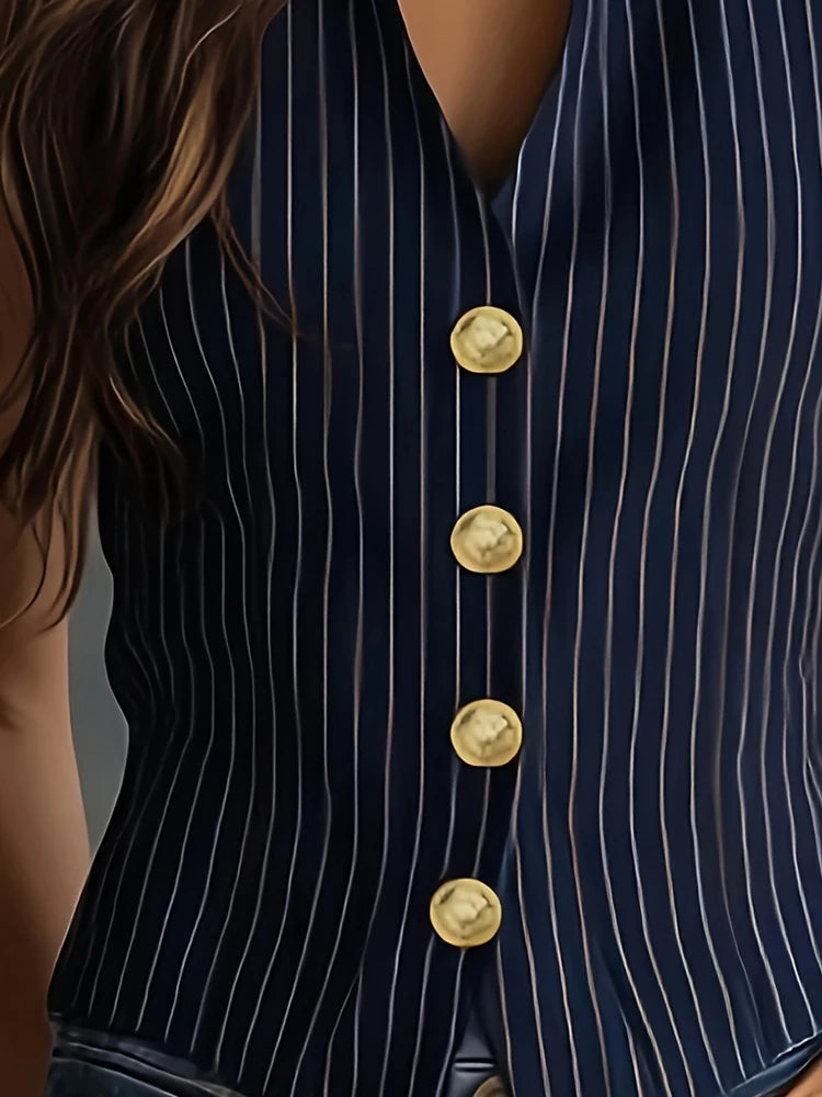 Women Vintage Casual Sleeveless Striped Shirt