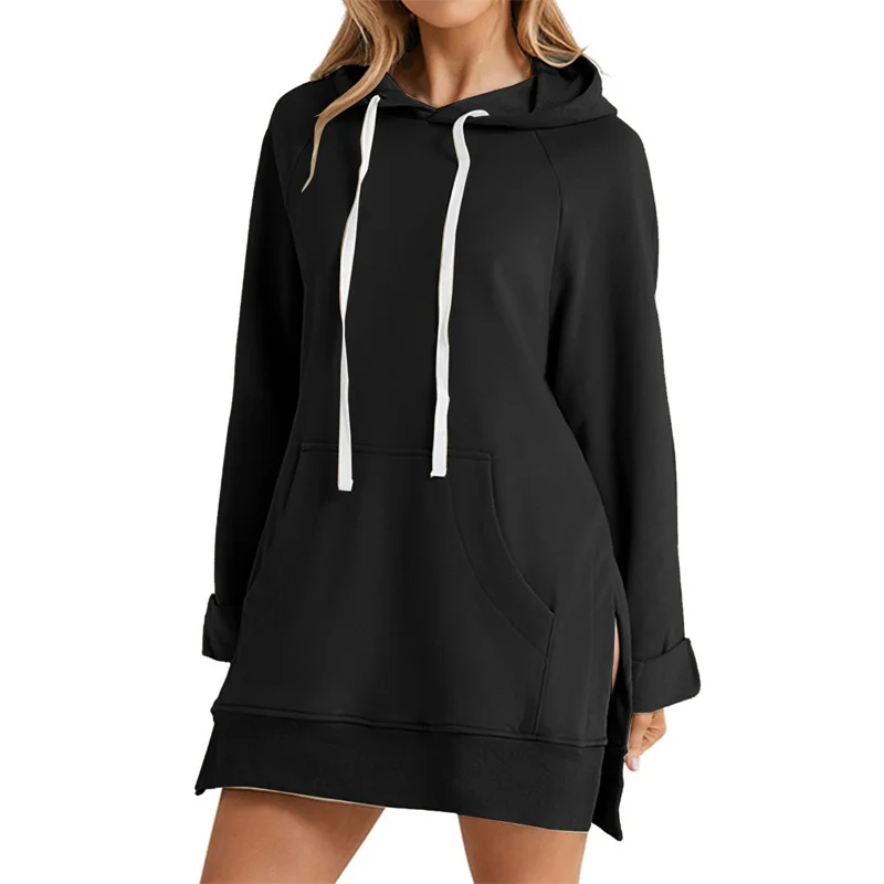 Women's Hoodie Dress Slit Hem Drawstring Loose