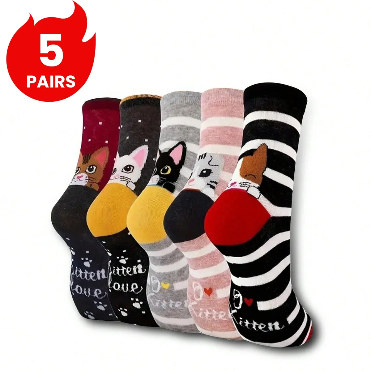5 Pairs of Women's Crew Socks, Cat Patterns
