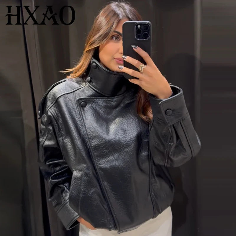 Leather Black Jackets for Woman Cropped Oversize Bomber Jacket Zip-Up Long Sleeve Coats Motorcycle Jackets