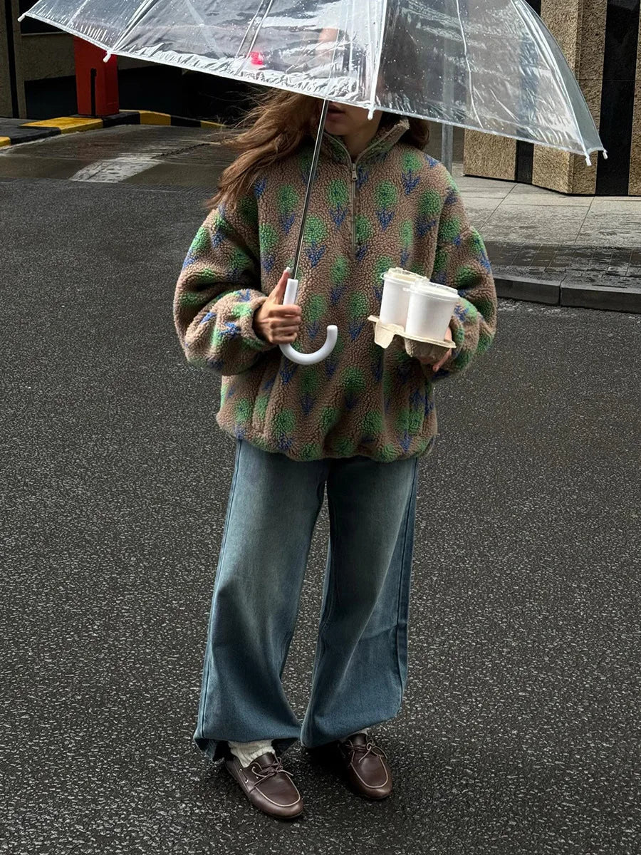 Women's Autumn Winter New Fleece Jacquard Sweatshirt Half Zip Loose Hoodies High Neck Sweatshirt