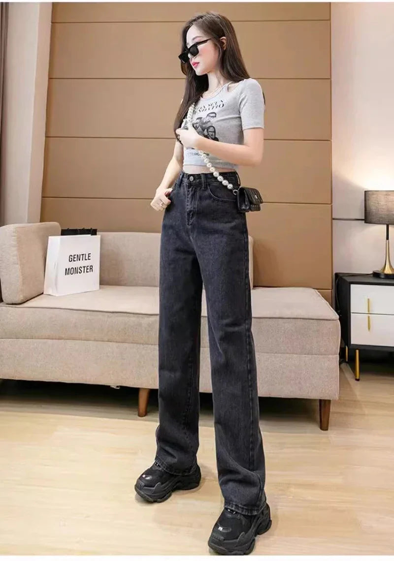 Women's Loose Denim Pants Retro Straight Leg Pants Fashionable Solid Color Loose Casual Wide Leg Pants