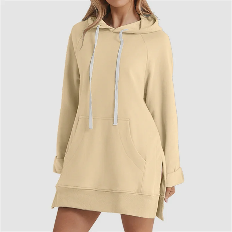 Women's Hoodie Dress Slit Hem Drawstring Loose