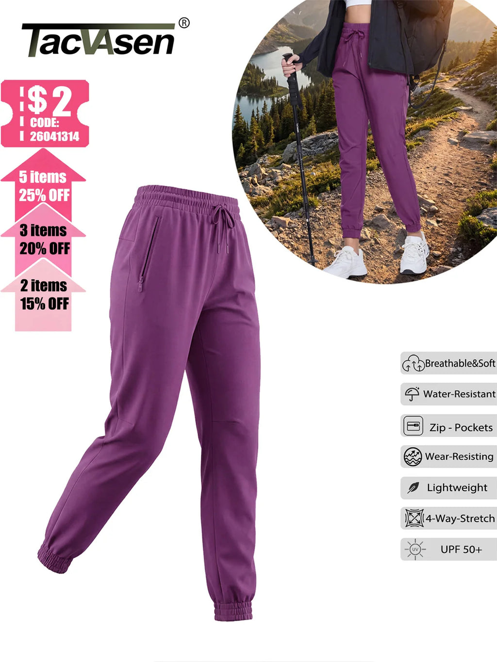 Women's Quick Dry Hiking Pants, Drawstring Waist