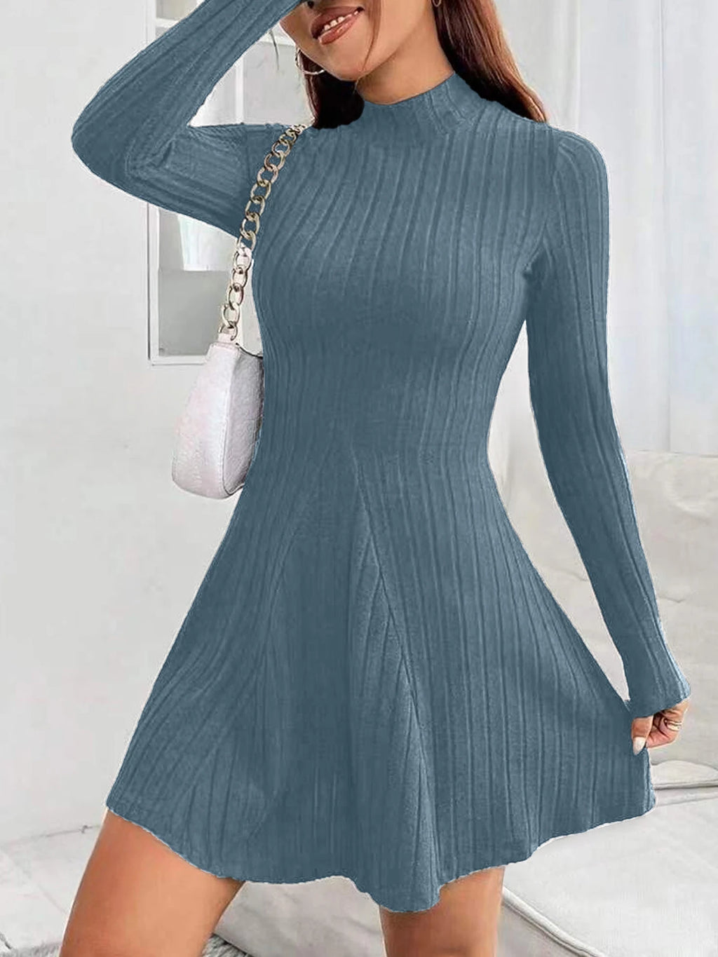Women's slim fit half high collar A-line Dress