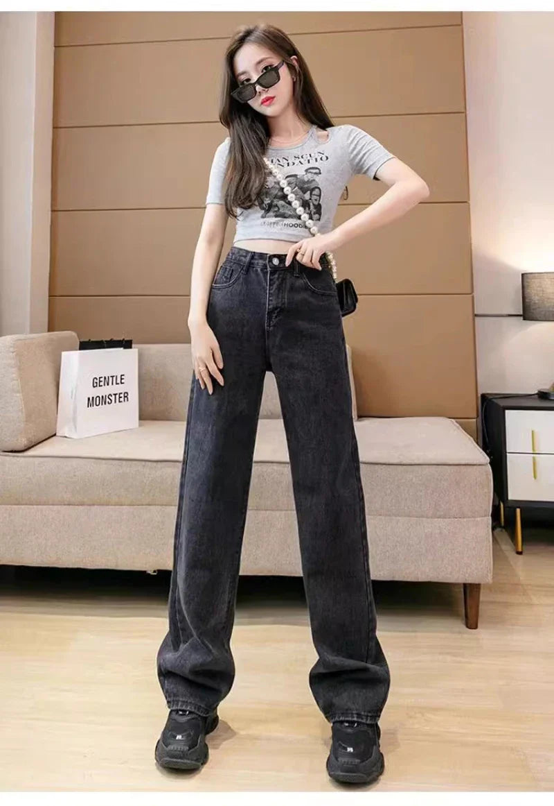 Women's Loose Denim Pants Retro Straight Leg Pants Fashionable Solid Color Loose Casual Wide Leg Pants