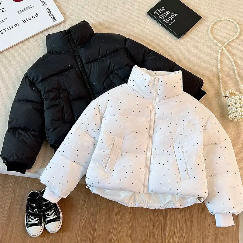Girls Rhinestone Puffer Jacket Star-Studded Fashion Coat Glitter Zip-Up Quilted Down Jacket