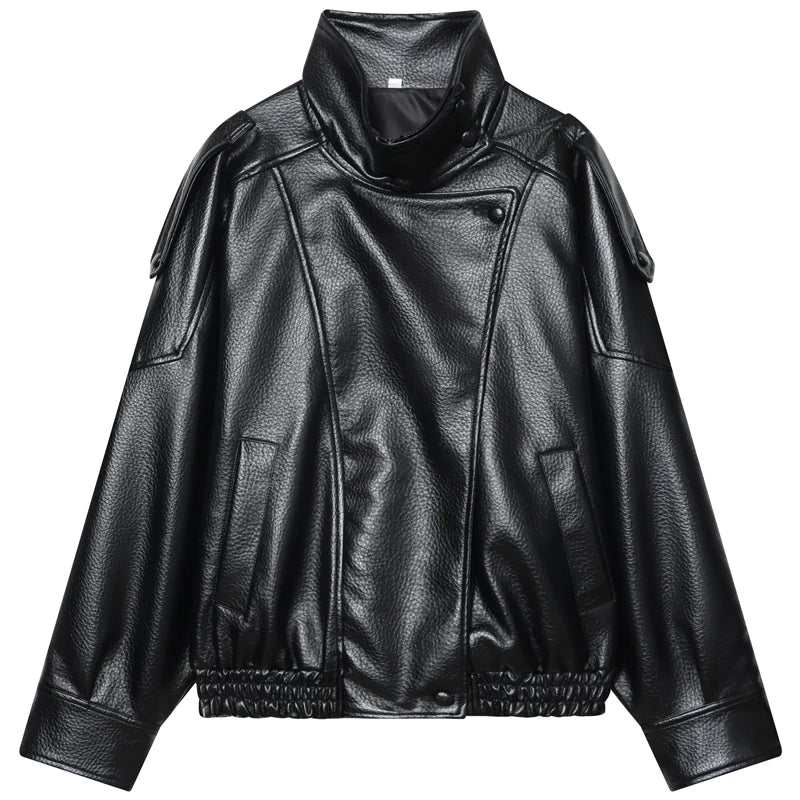 Leather Black Jackets for Woman Cropped Oversize Bomber Jacket Zip-Up Long Sleeve Coats Motorcycle Jackets
