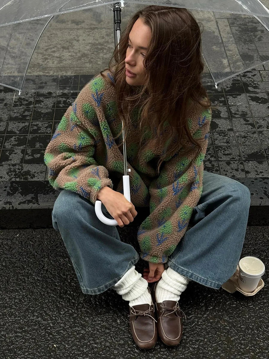 Women's Autumn Winter New Fleece Jacquard Sweatshirt Half Zip Loose Hoodies High Neck Sweatshirt