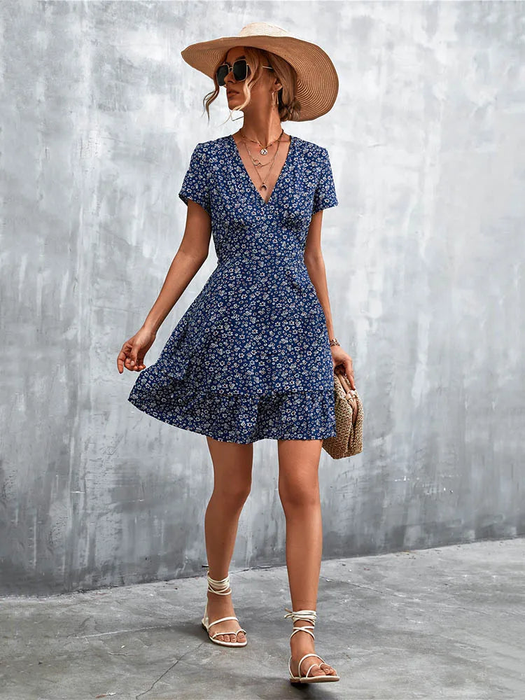 Women's V Neck Print Floral Party Dress