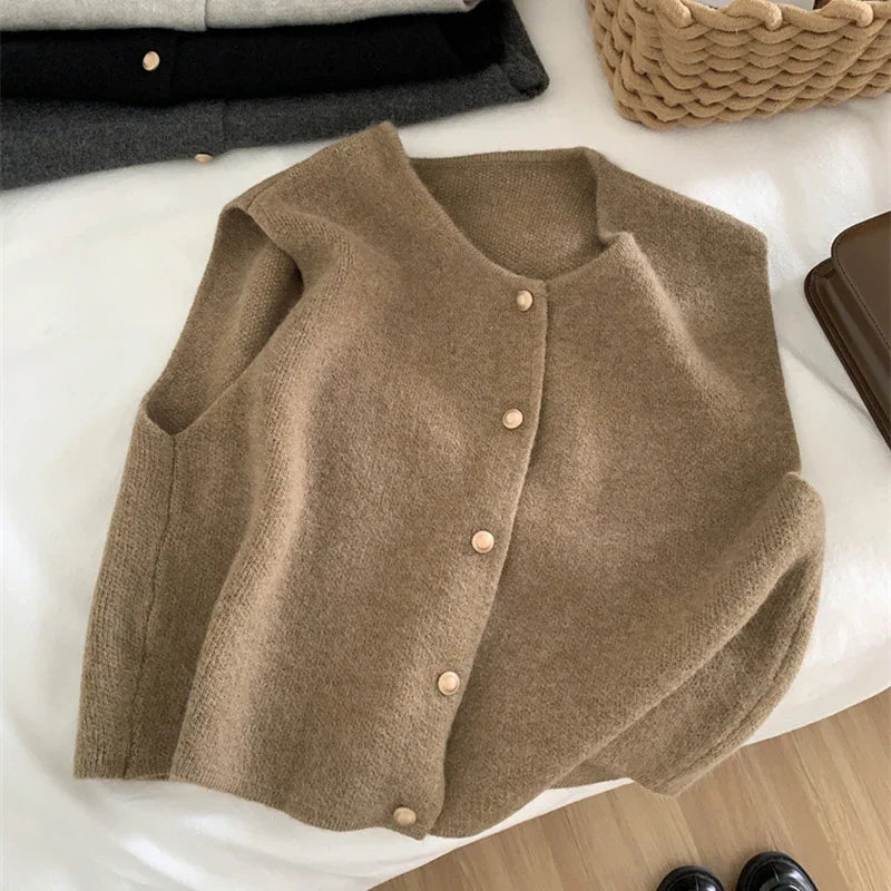 Women's Sweater Vest Gold Button Up Soft Knitted Sleeveless