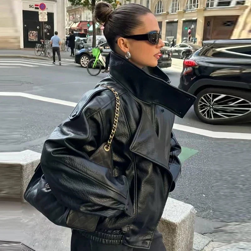 Leather Black Jackets for Woman Cropped Oversize Bomber Jacket Zip-Up Long Sleeve Coats Motorcycle Jackets