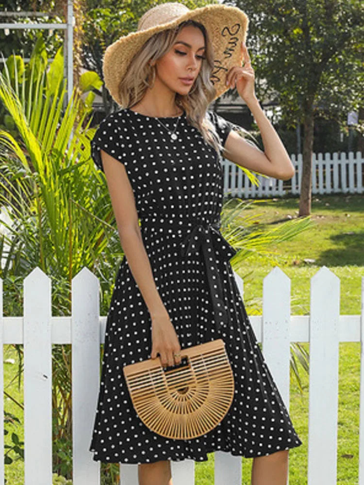 Polka Dots Sleeveless Pleated Dresses for Women