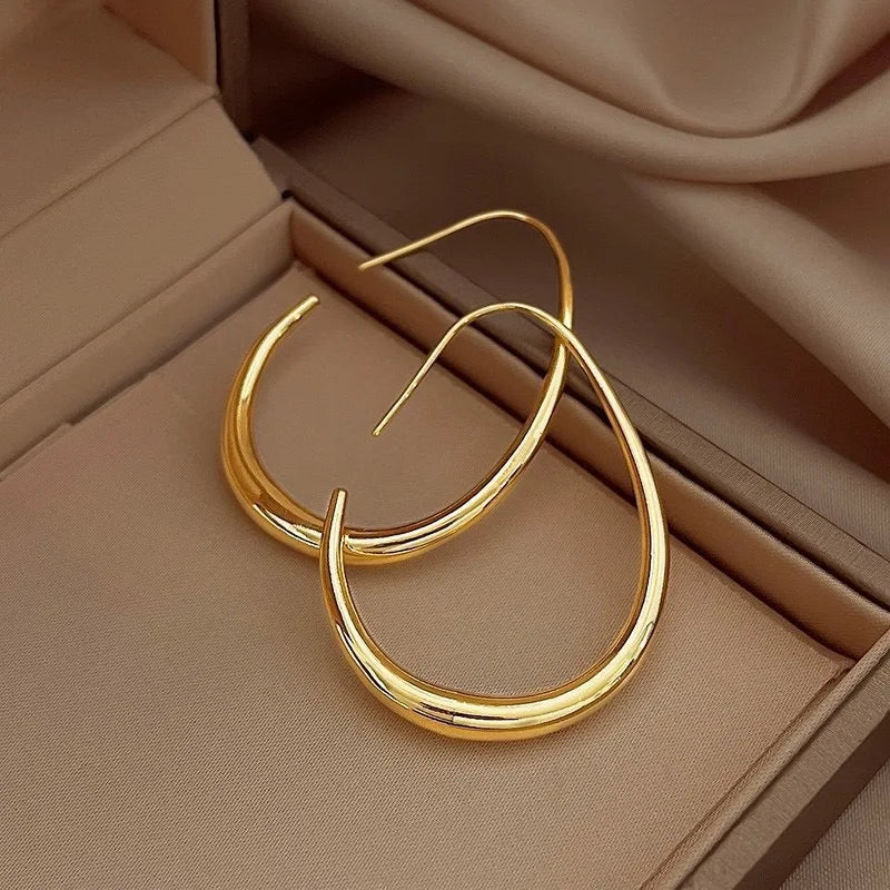 925 Sterling Silver Golden Ellipse Hoop Earrings For Women