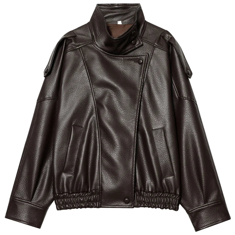 Leather Black Jackets for Woman Cropped Oversize Bomber Jacket Zip-Up Long Sleeve Coats Motorcycle Jackets