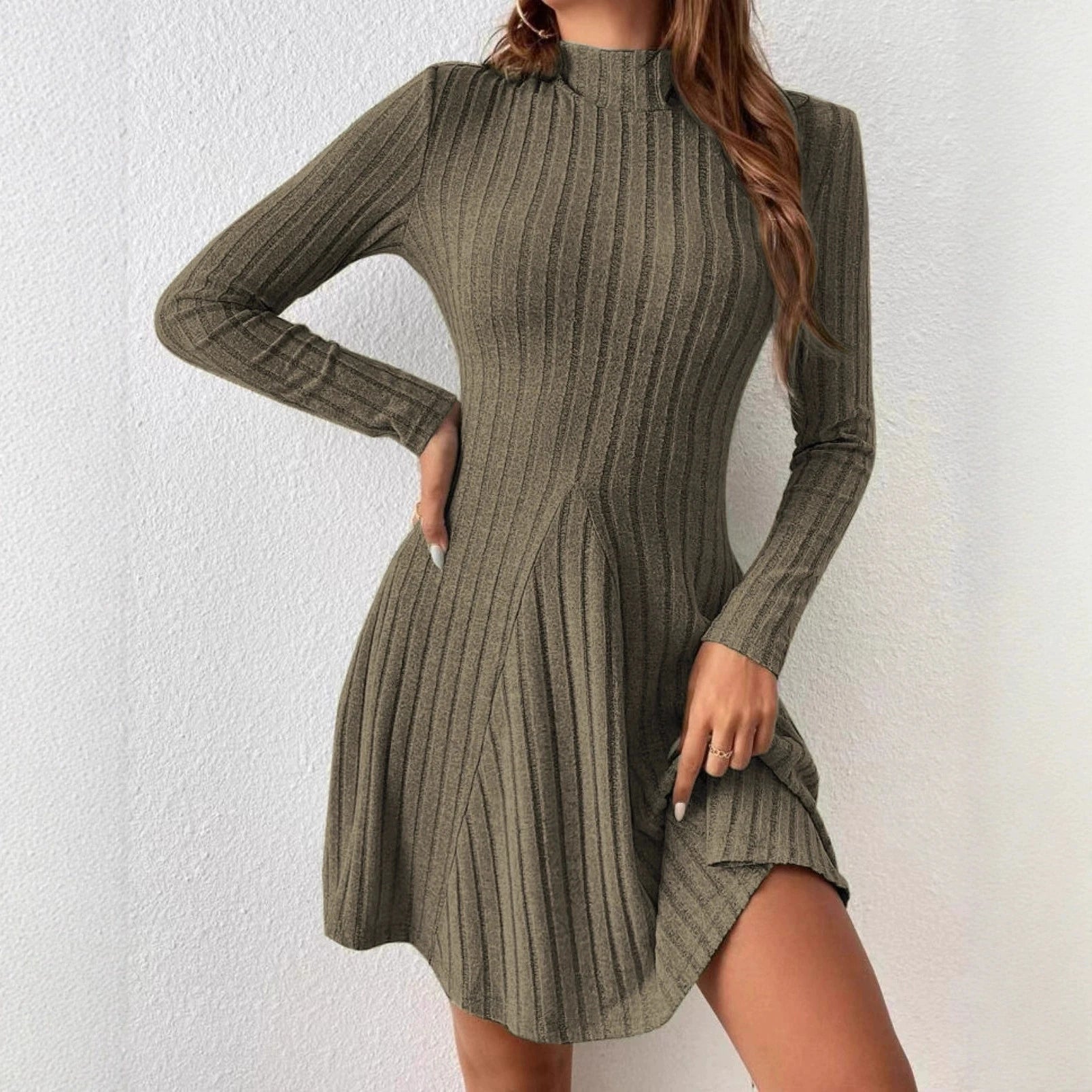 Women's slim fit half high collar A-line Dress