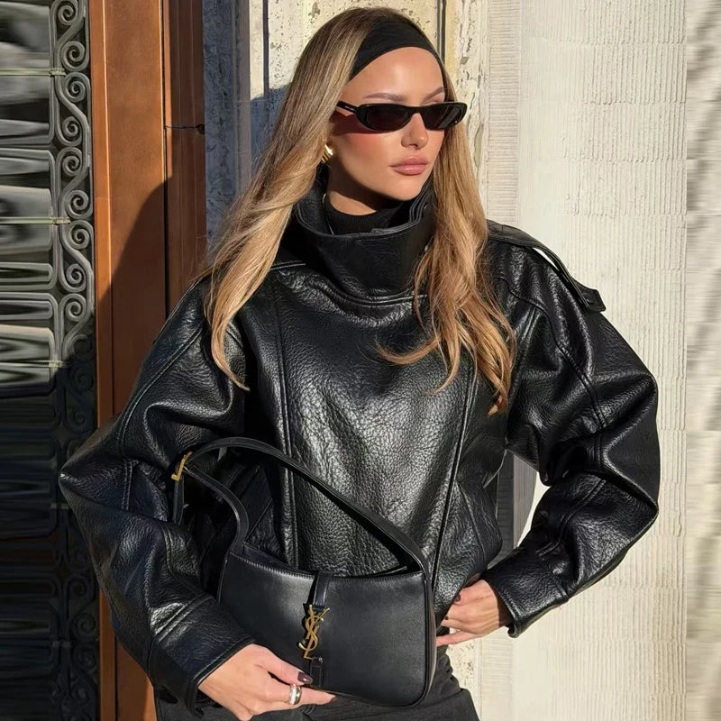 Leather Black Jackets for Woman Cropped Oversize Bomber Jacket Zip-Up Long Sleeve Coats Motorcycle Jackets