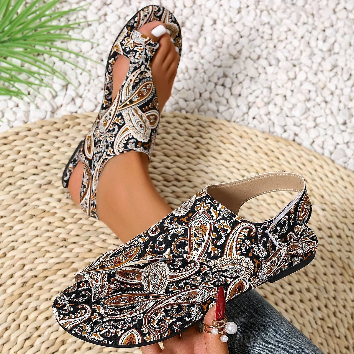 Women Sandals Comfortable Flats Sandals Printed Bohemia Roman Style Shoes