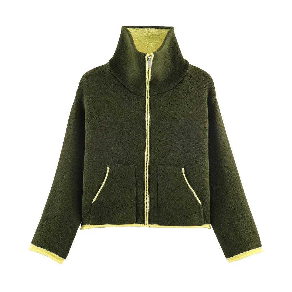 2025 Winter New Product Women's Lazy Style Loose Contrasting Color Decorative Layer Knitted Pilot Jacket Coat